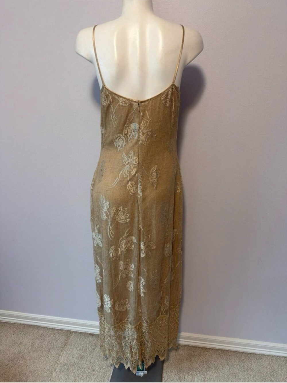 Vintage Y2K Mesh Maxi Skirt Floral Gold Beige Sheer Overlay Lined Dress Medium M - Picture 2 of 6